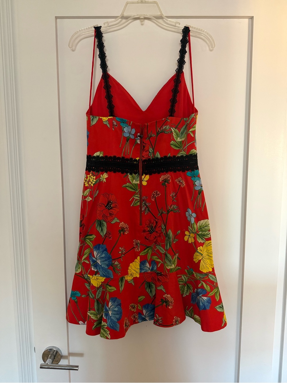 Alice + Olivia Red Floral Mini Dress with Black Lace Trim - Picture 3 of 3